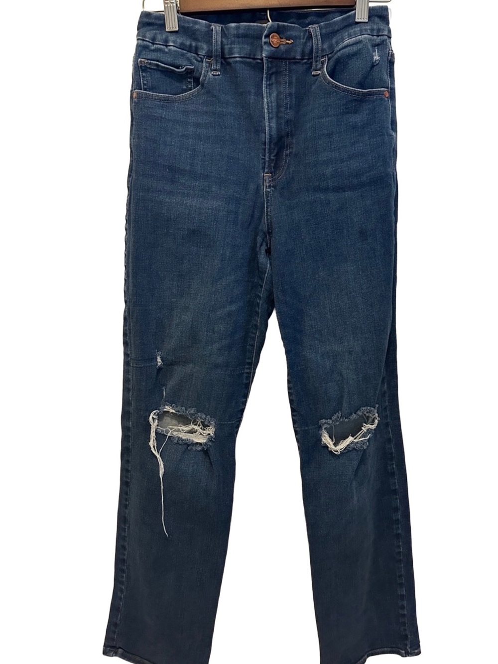 Express Women's Navy Blue Straight-Leg Ripped Jeans
